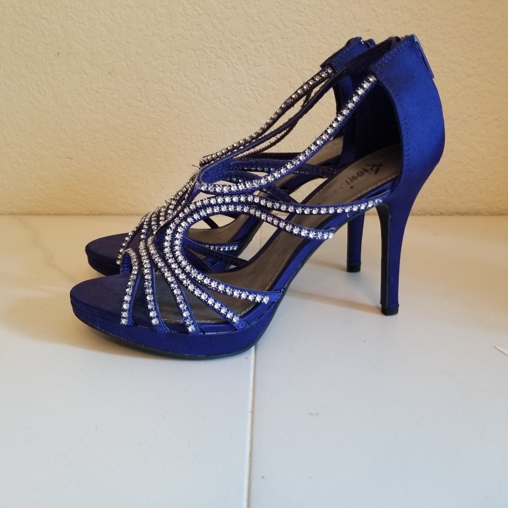 Fioni Night Blue Rhinestone Strappy Stiletto Heels
